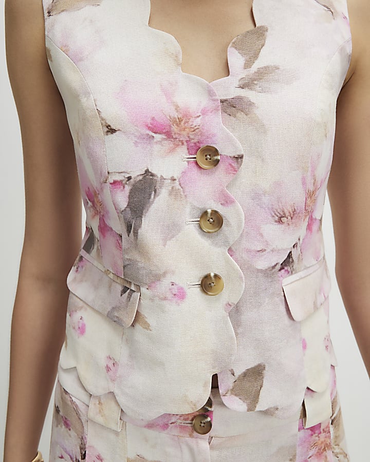 Pink Floral Scallop Trim Waistcoat