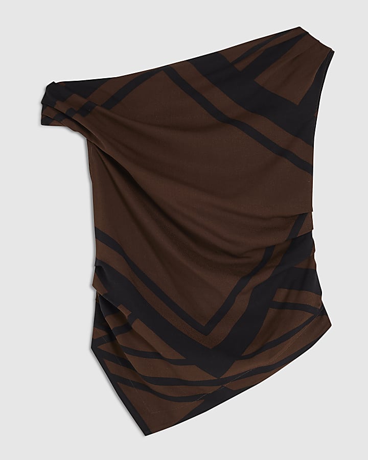 Petite Brown Printed Drape Asymmetric Top