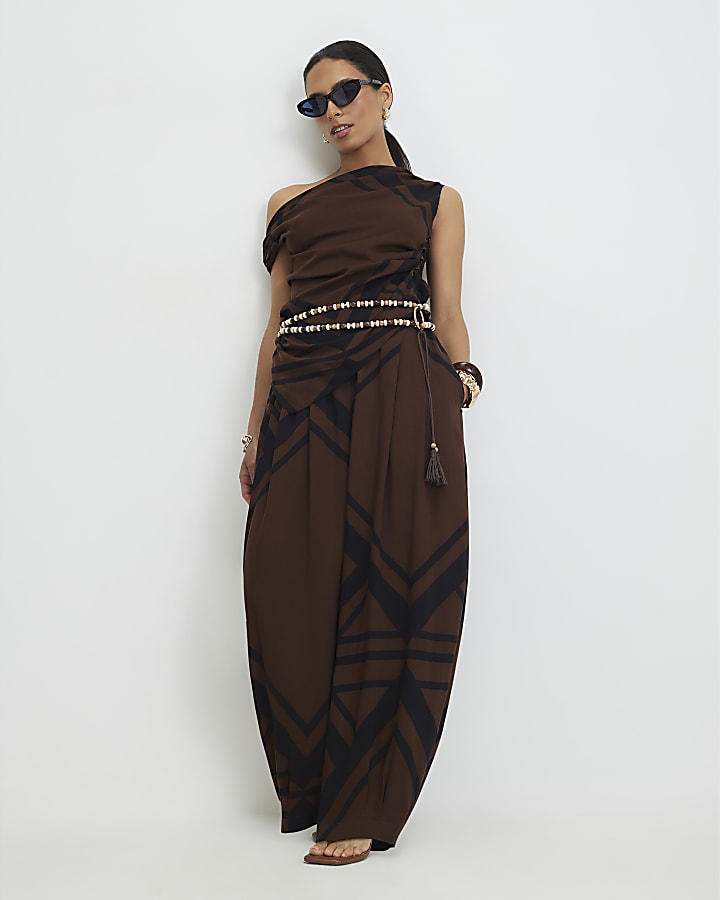 Petite Brown Printed Drape Asymmetric Top