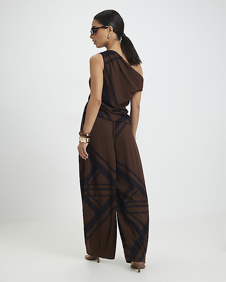 Petite Brown Geometric Print Balloon Trousers