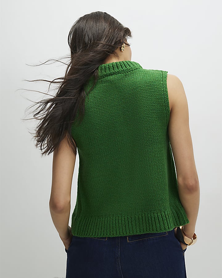 Green Sleeveless Button Cardigan