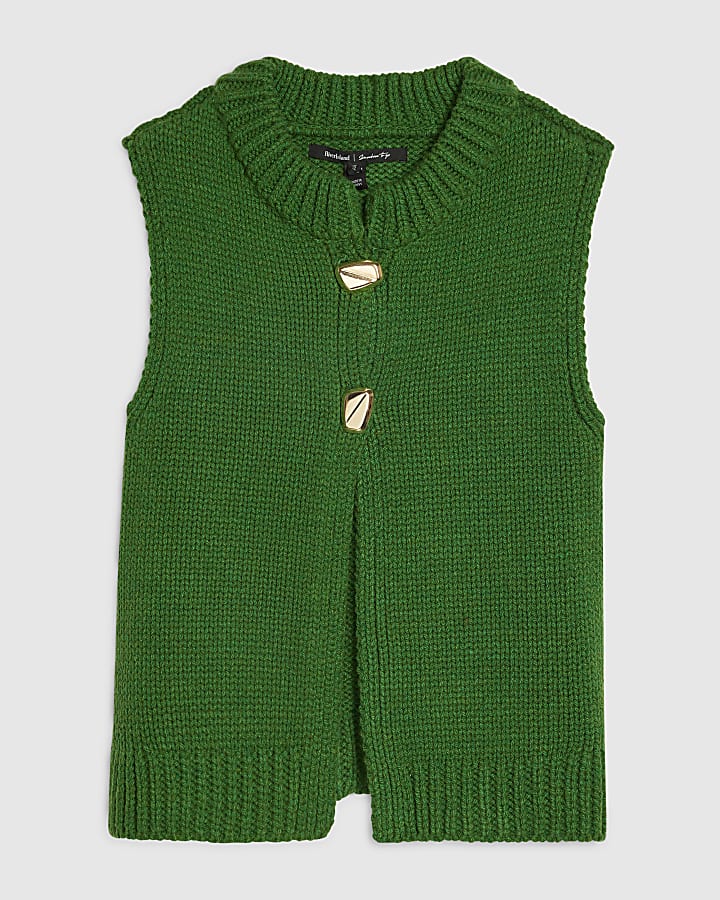 Green Sleeveless Button Cardigan