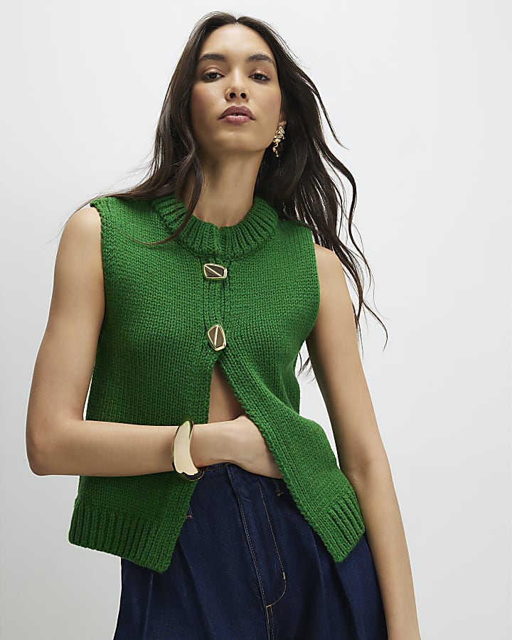 Green Sleeveless Button Cardigan