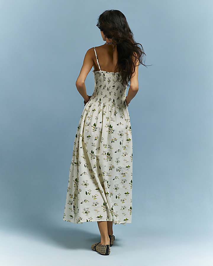 Cream Cotton Daisy Shirred Midi Dress