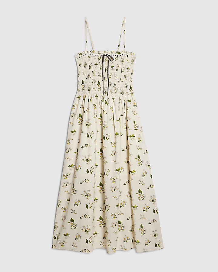 Cream Cotton Daisy Shirred Midi Dress