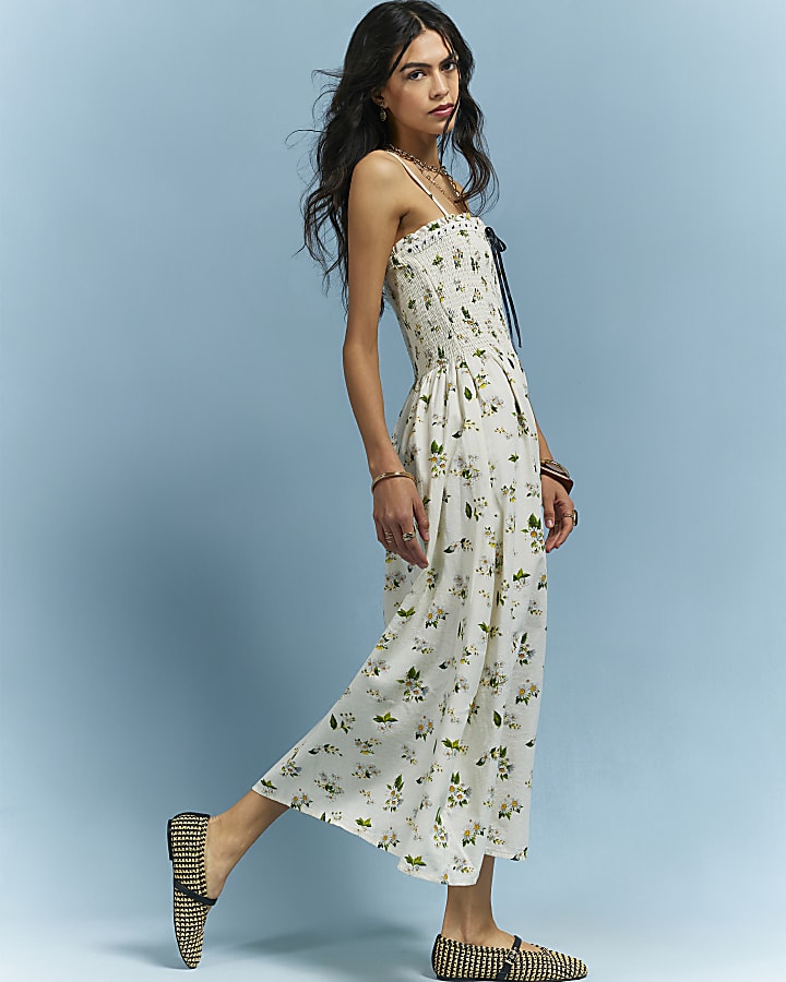 Cream Cotton Daisy Shirred Midi Dress