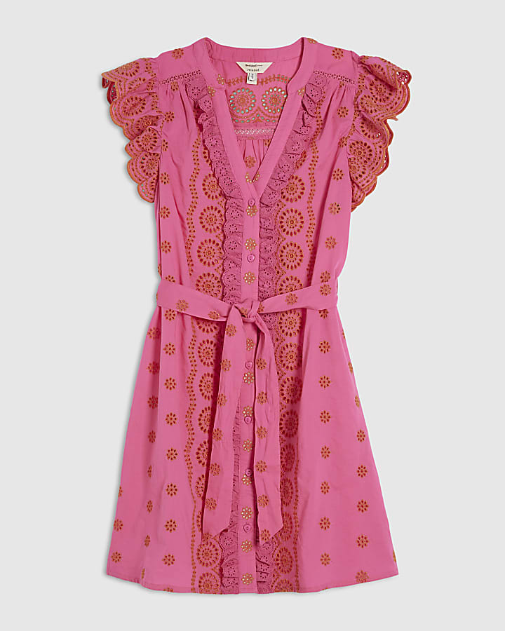 Pink Cotton Broderie Ruffle Dress