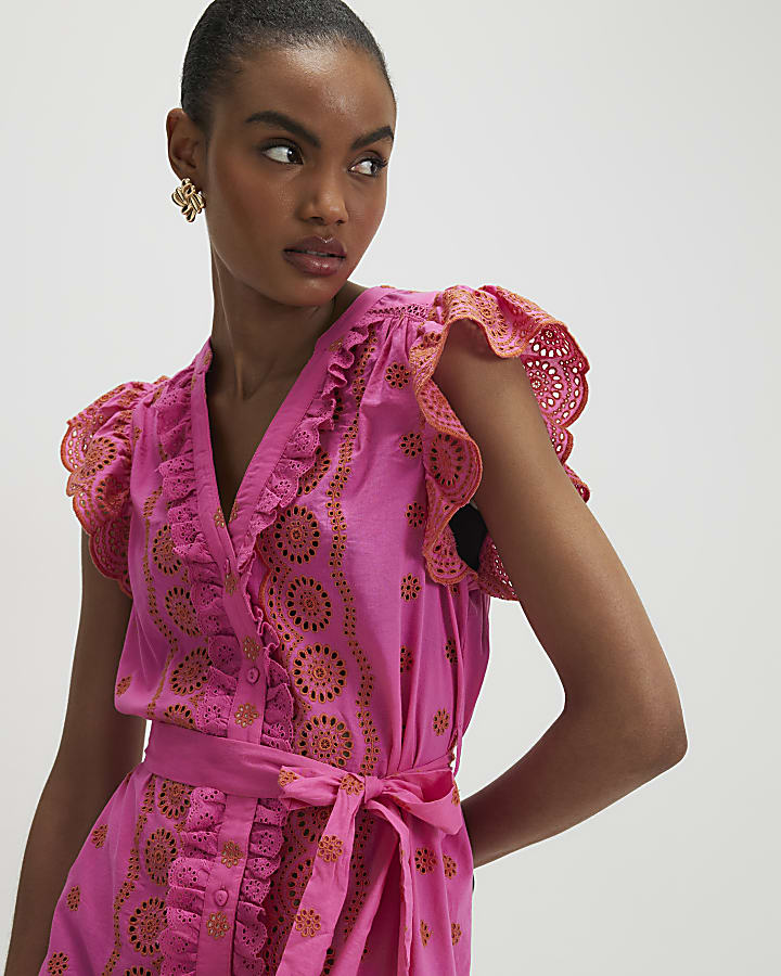 Pink Cotton Broderie Ruffle Dress