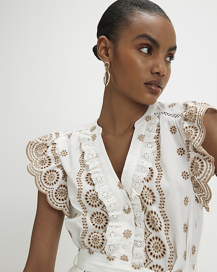Beige Cotton Broderie Ruffle Dress