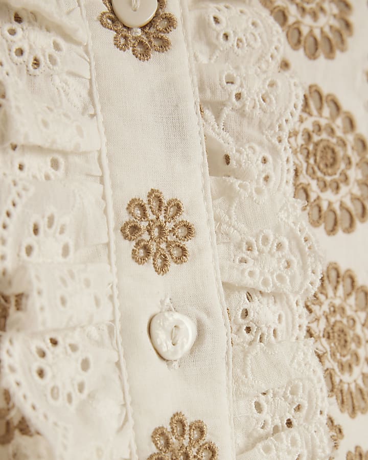 Beige Cotton Broderie Ruffle Dress