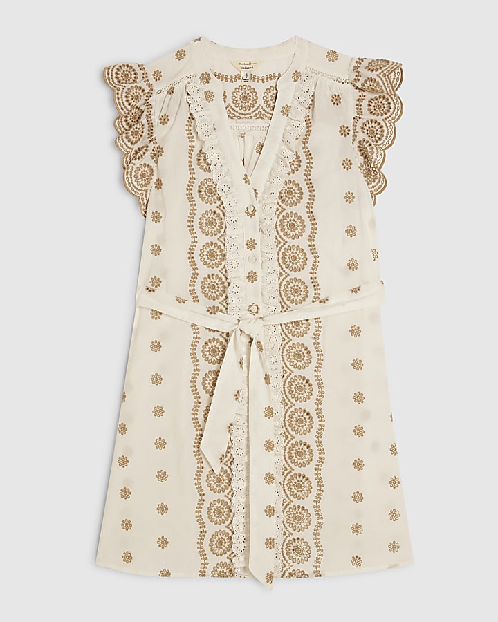 Beige Cotton Broderie Ruffle Dress