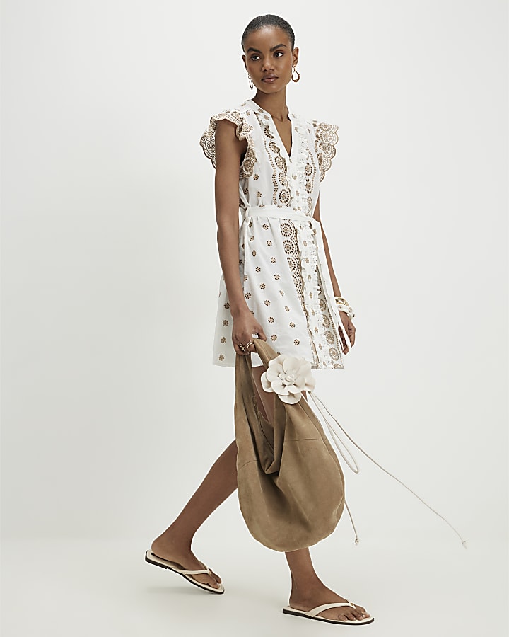 Beige Cotton Broderie Ruffle Dress