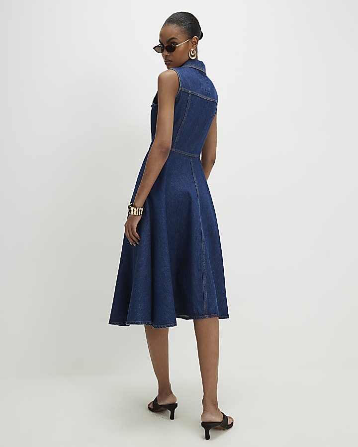 Blue Denim Sleeveless Midi Shirt Dress
