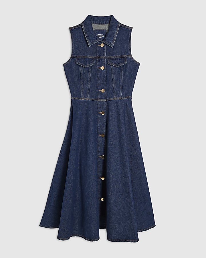 Blue Denim Sleeveless Midi Shirt Dress