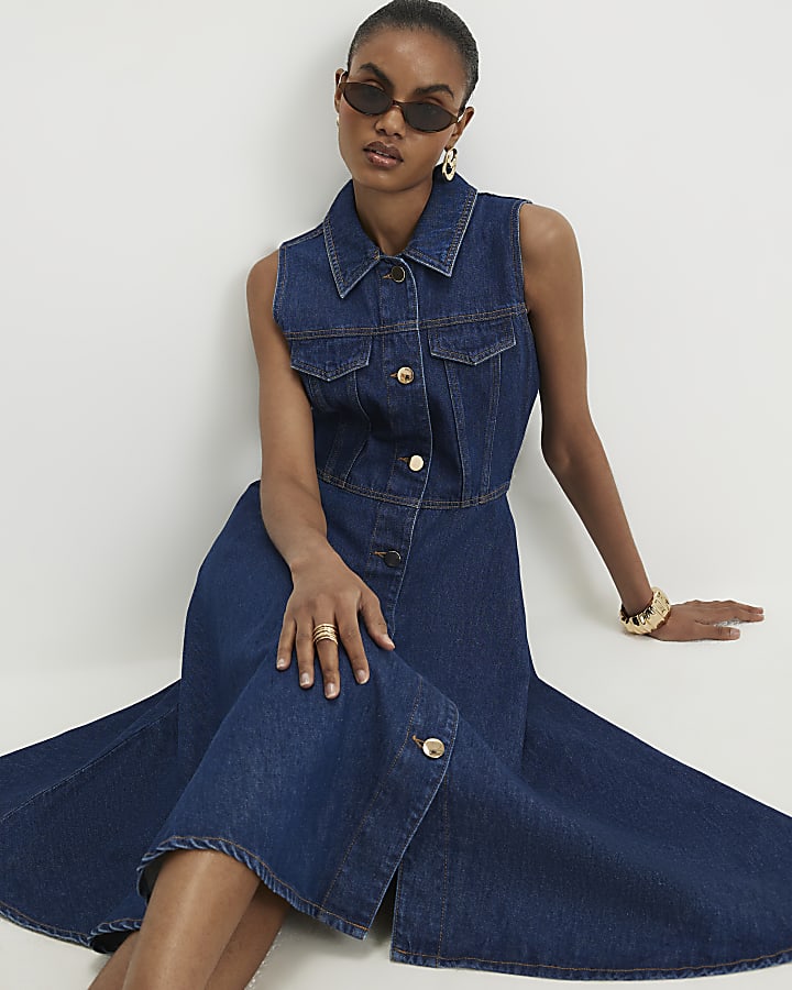 Blue Denim Sleeveless Midi Shirt Dress