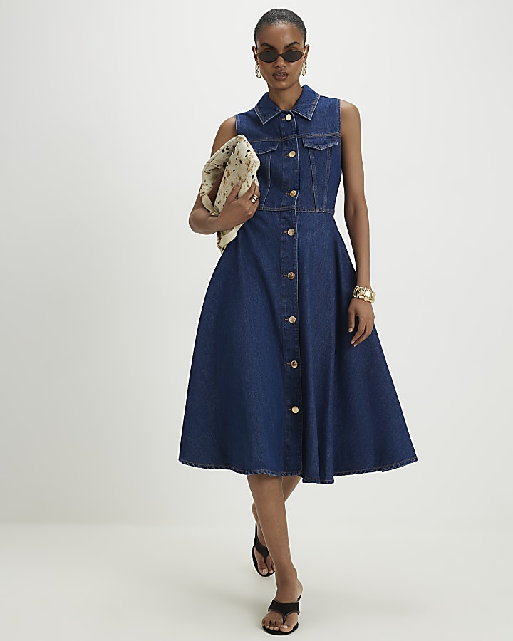 Blue Denim Sleeveless Midi Shirt Dress