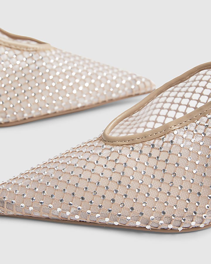 Beige Embellished Sling Back Court Heels