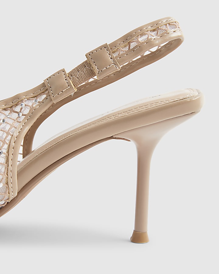 Beige Embellished Slingback Court Heels