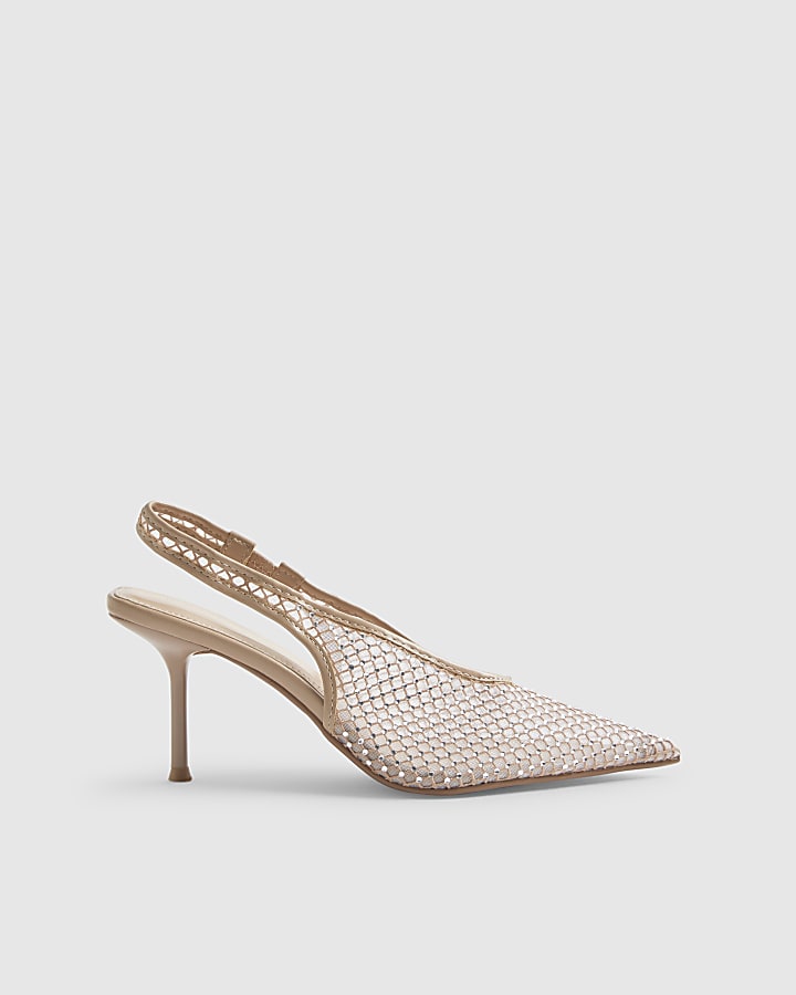 Beige Embellished Sling Back Court Heels