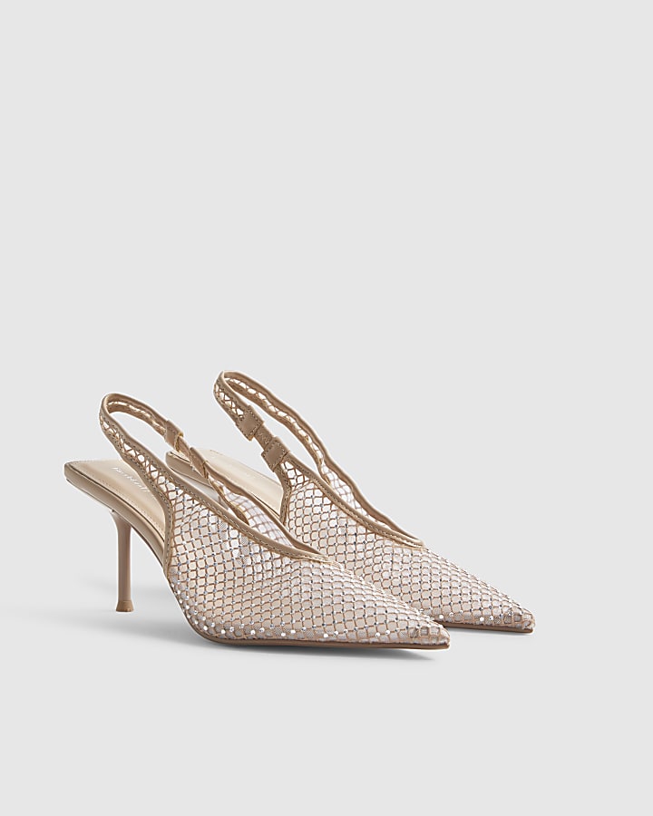 Beige Embellished Sling Back Court Heels