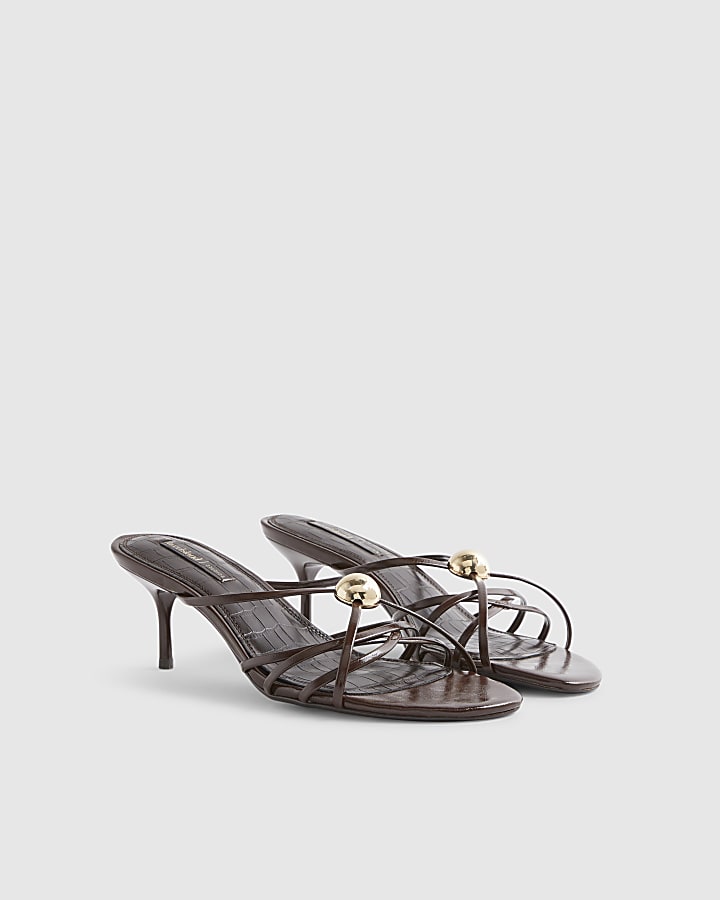 Brown Strappy Heeled Mule Sandals