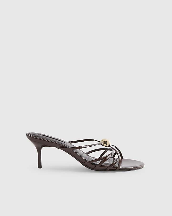 Brown Strappy Heeled Mule Sandals