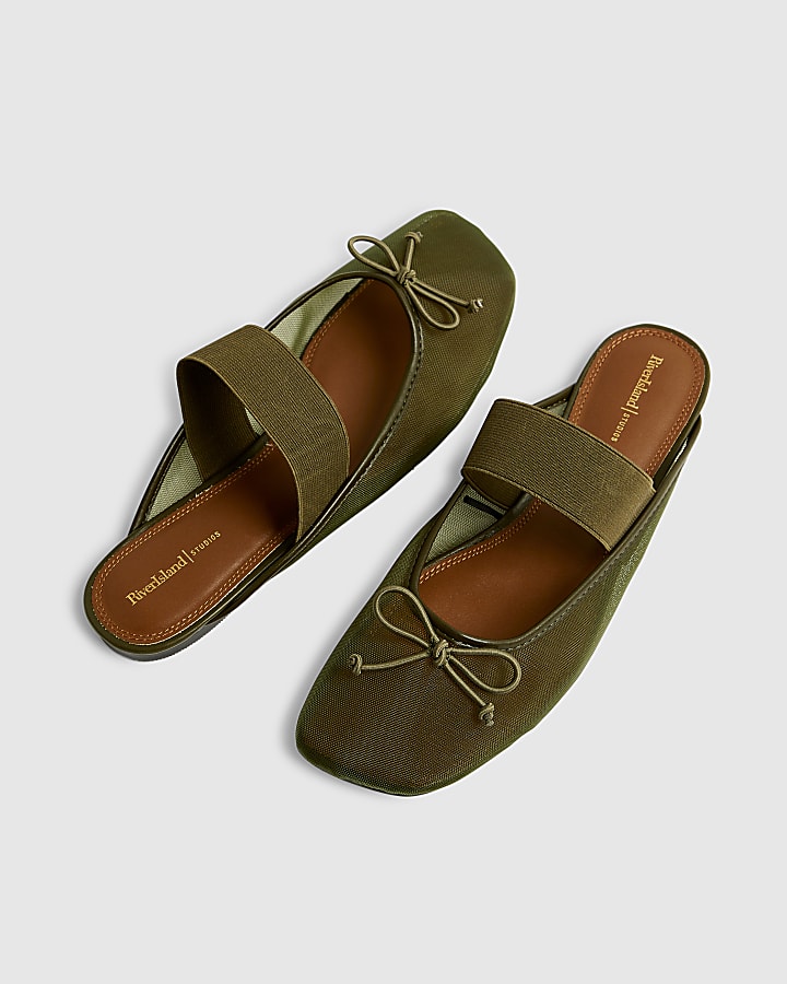 Khaki Mesh Backless Ballet Pumps