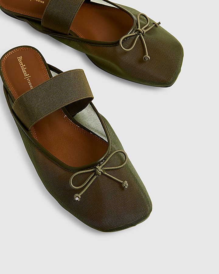 Khaki Mesh Backless Ballet Pumps