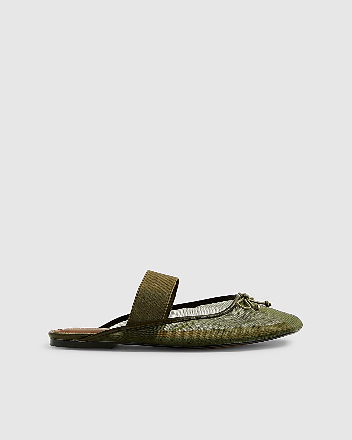 Khaki Mesh Backless Ballet Pumps