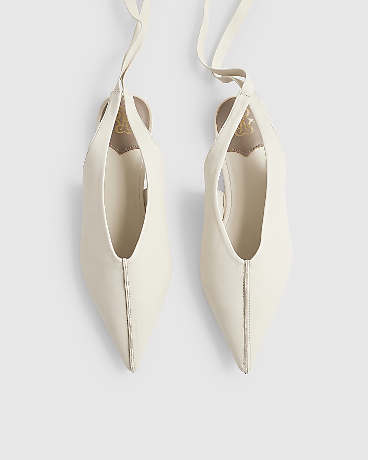 Cream Ankle Tie Pointed Toe Flat Shoes
