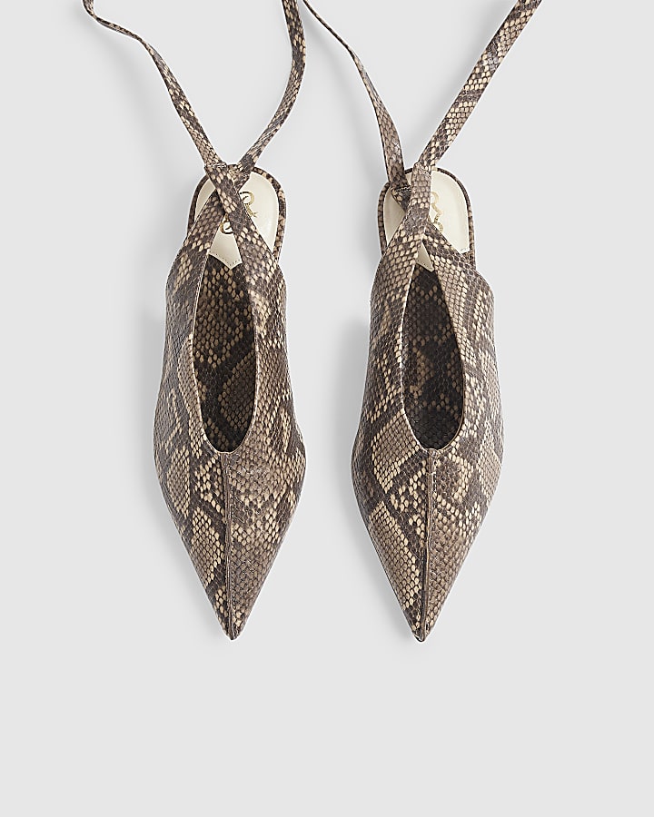 Beige Snake Ankle Tie Pointed Toe Flat Shoes