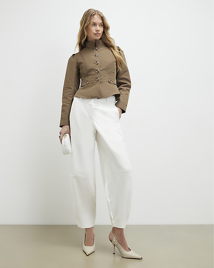 Beige High Neck Fitted Jacket