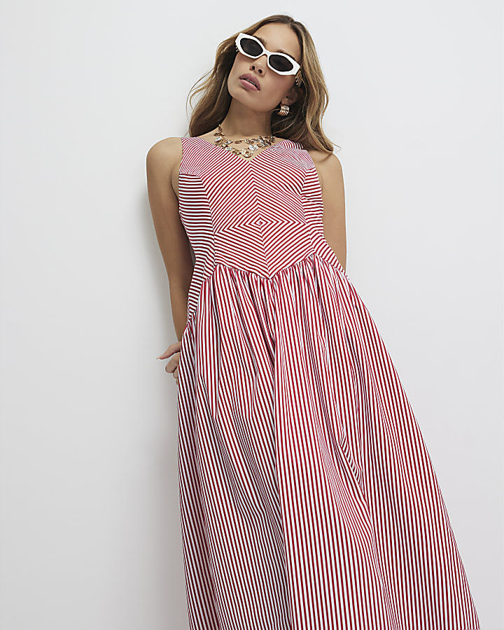 Red V Neck Stripe Midi Dress