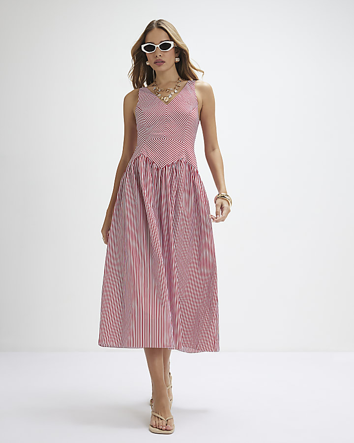Red V Neck Stripe Midi Dress