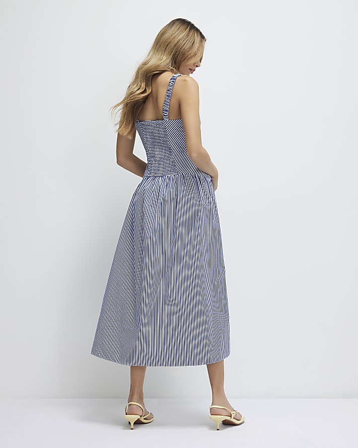 Navy V Neck Stripe Midi Dress