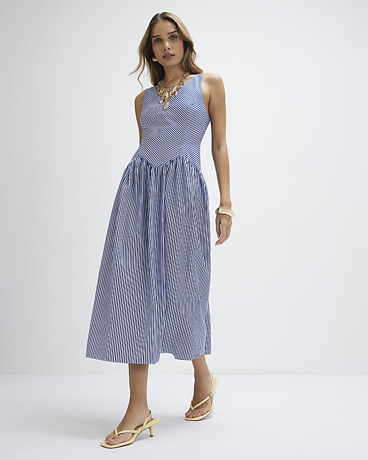 Navy V Neck Stripe Midi Dress