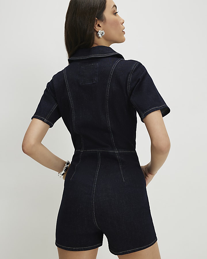 Blue Sculpt Denim Short Sleeve Playsuit