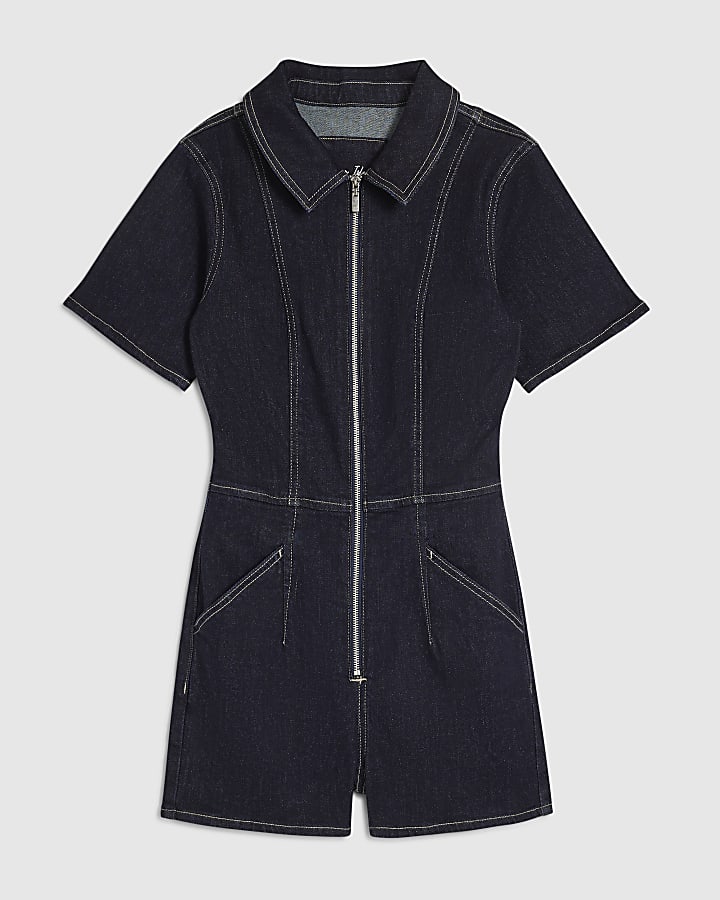 Blue Sculpt Denim Short Sleeve Playsuit