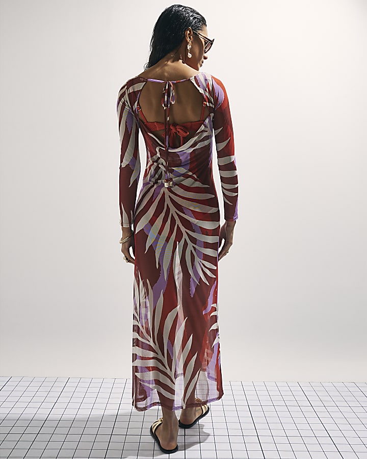 Brown Mesh Cowl Back Maxi Dress