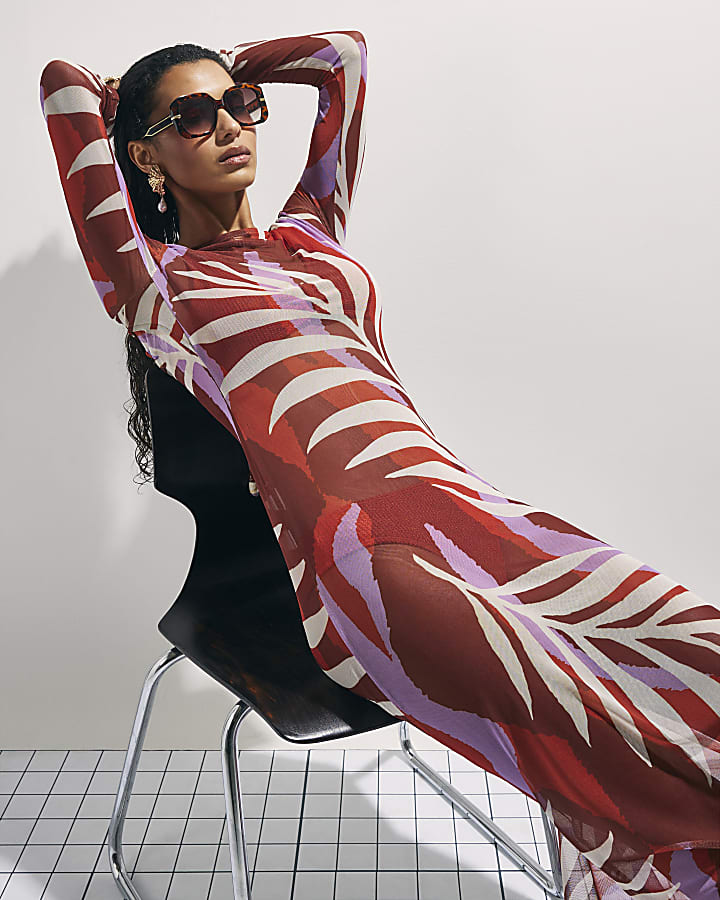 Brown Mesh Cowl Back Maxi Dress