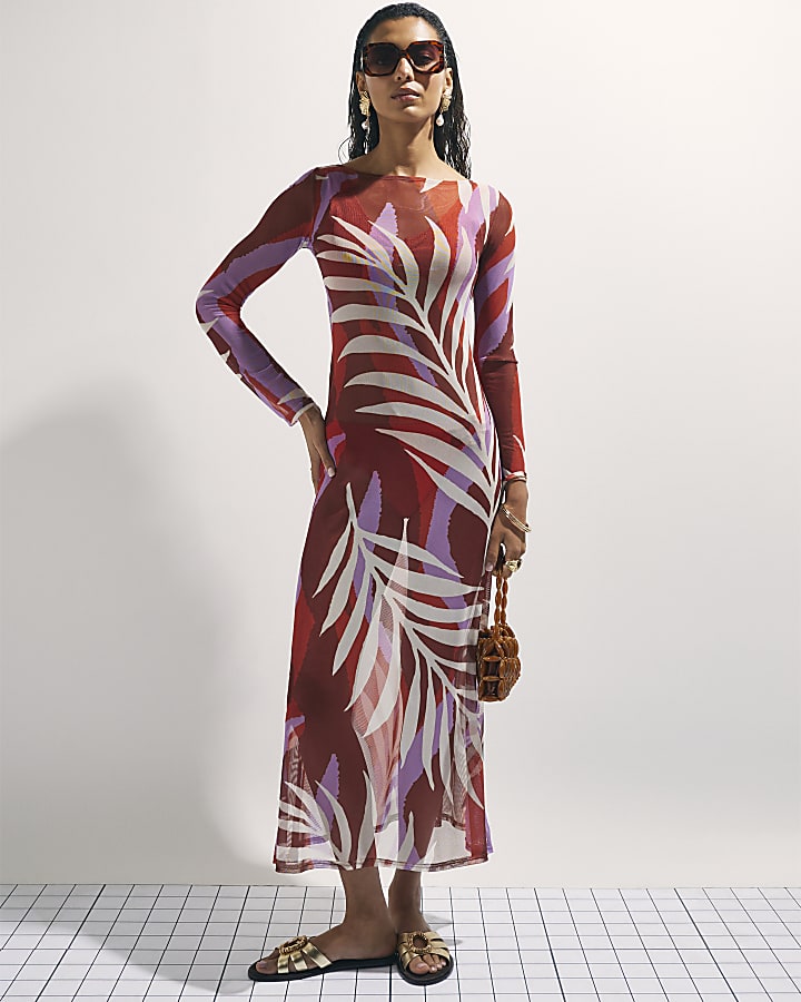 Brown Mesh Cowl Back Maxi Dress