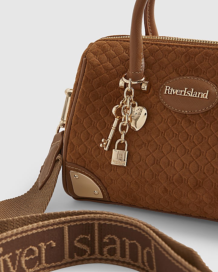 Brown Faux Suede Metal Corner Bowler Bag