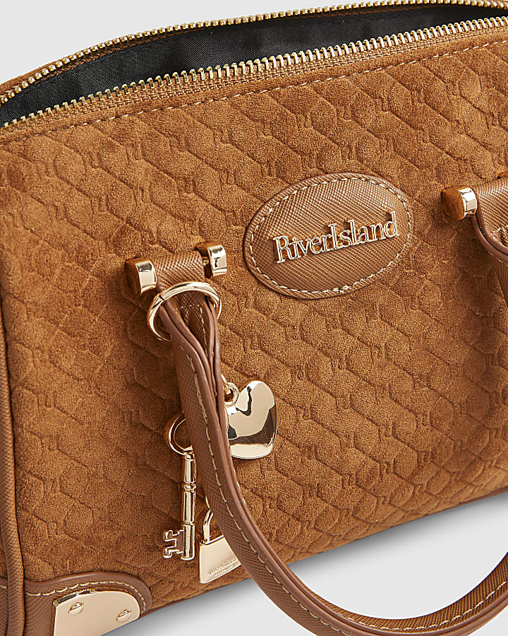 Brown Faux Suede Metal Corner Bowler Bag