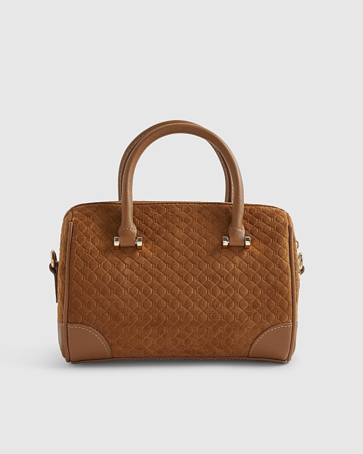 Brown Faux Suede Metal Corner Bowler Bag