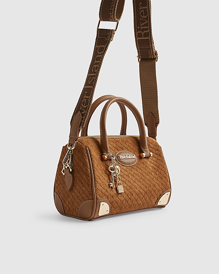 Brown Faux Suede Metal Corner Bowler Bag