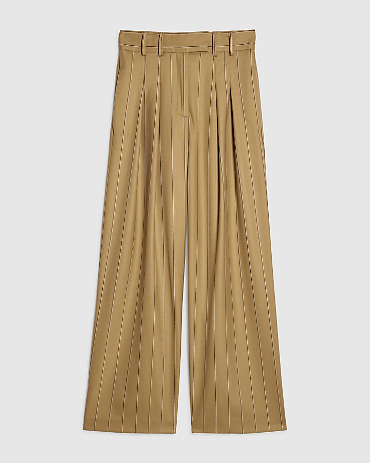 Beige Pinstripe Wide Leg Trousers