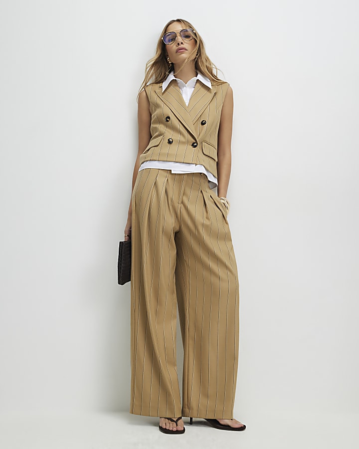 Beige Pinstripe Wide Leg Trousers