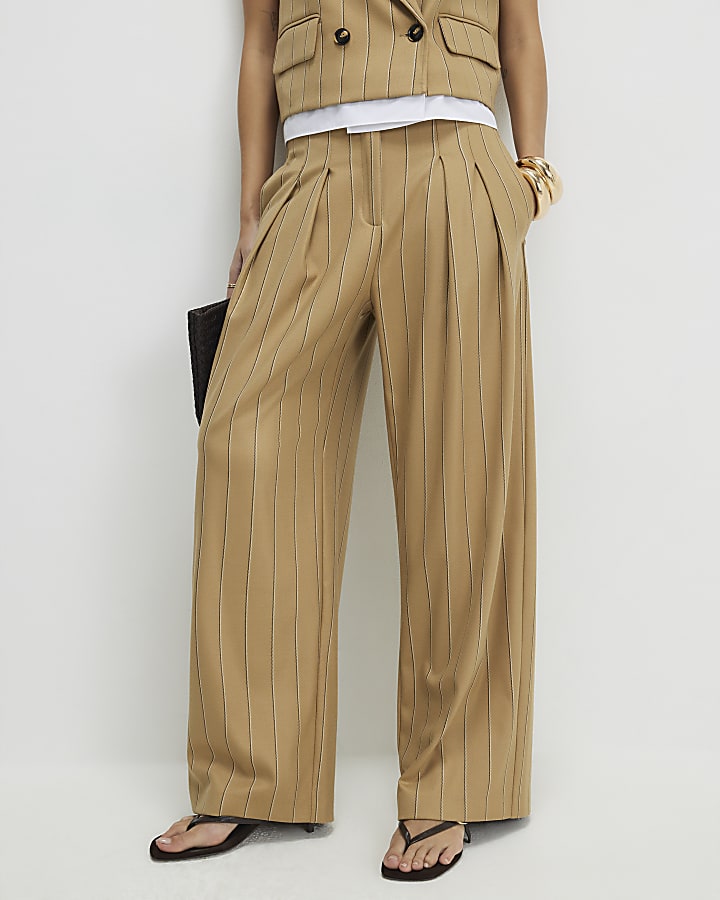 Beige Pinstripe Wide Leg Trousers