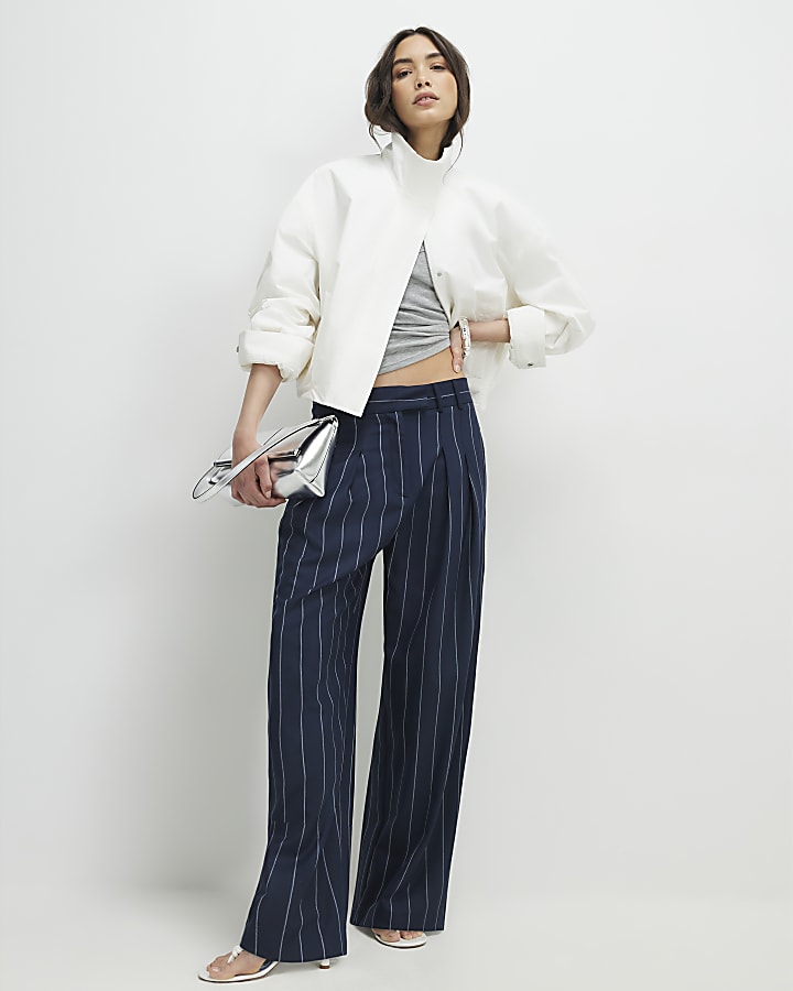 Navy pinstripe wide leg trousers