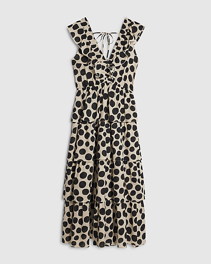 Cream Cotton Spot Print Ruffle Midi Dress